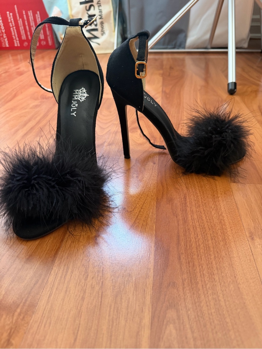 Women's Black Feather-Trim Ankle Strap Heels